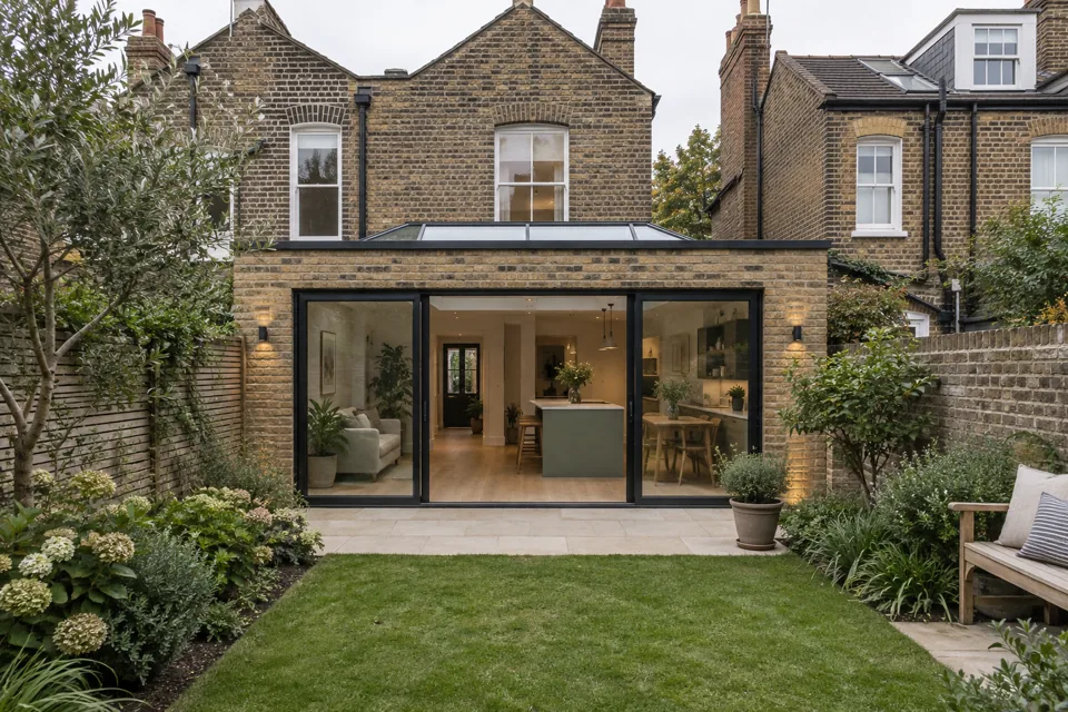 Rear extension opening onto a garden behind a brick home