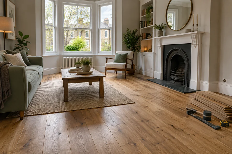 Living room with shelves fitted beside a fireplace
