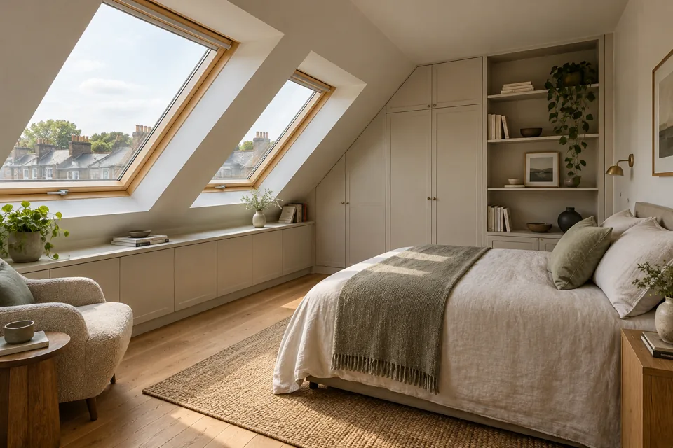 Fitted cupboards along the sloping wall of a loft bedroom