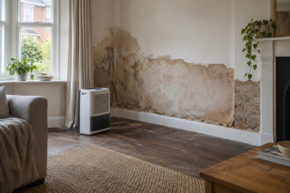 Wall with damaged plaster and a dehumidifier nearby